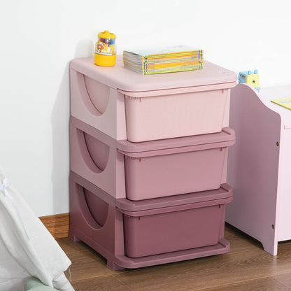 Organiseur de jouets pour enfants à 3 tiroirs en plastique, rose