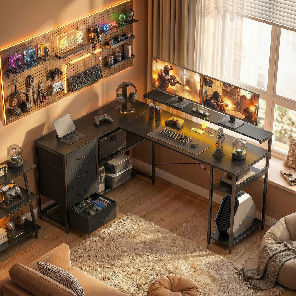 Gaming Desk with Power Outlets LED Lights Computer Desk with Drawers Monitor Stand 61" Black