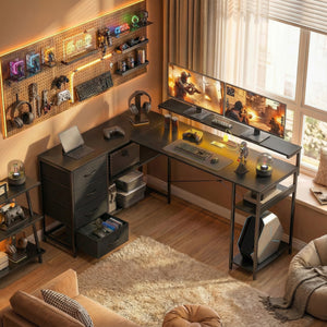 Gaming Desk with Power Outlets LED Lights Computer Desk with Drawers Monitor Stand 61" Black