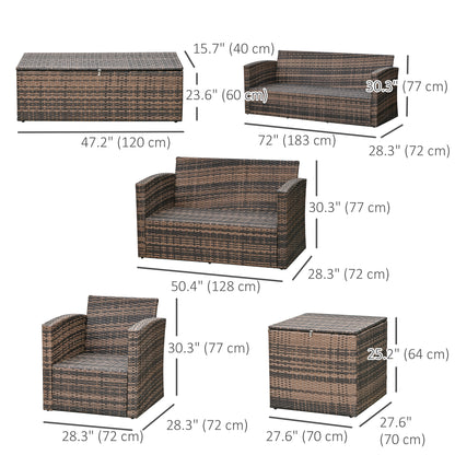 Outsunny 6 Piece Wicker Garden Furniture Set with Cushions, 7 Seater Rattan Garden Sofa with Storage Table, Orange