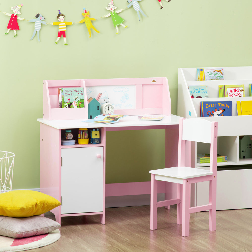 Ensemble bureau et chaises pour enfants avec tableau blanc, rangement et étagères, rose