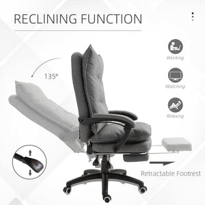 Reclining and height-adjustable office chair with retractable footrest, grey