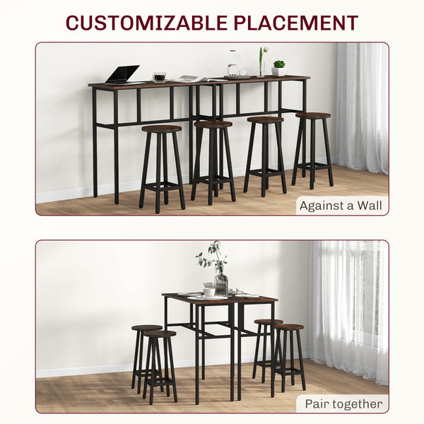 Bar set for 4 people, 2 breakfast tables and 4 stools, rustic brown.