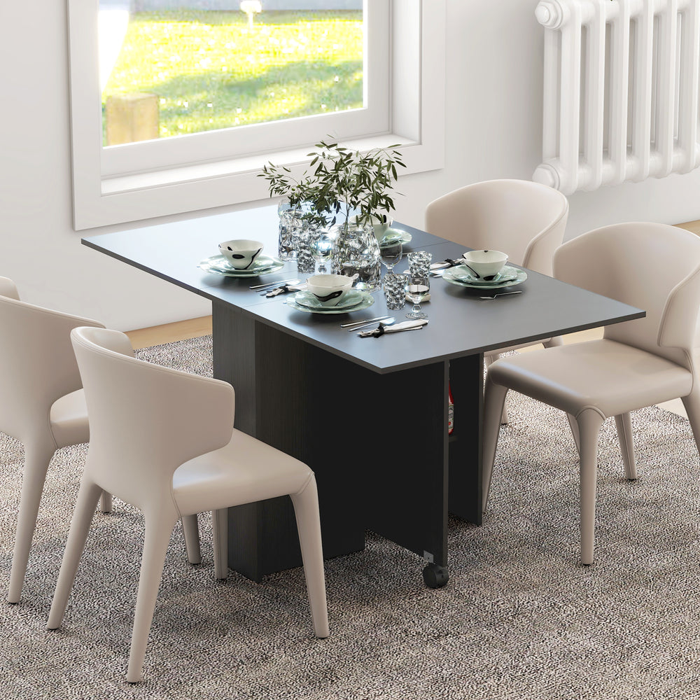 Folding Dining Table with Storage Shelves and Casters, Black