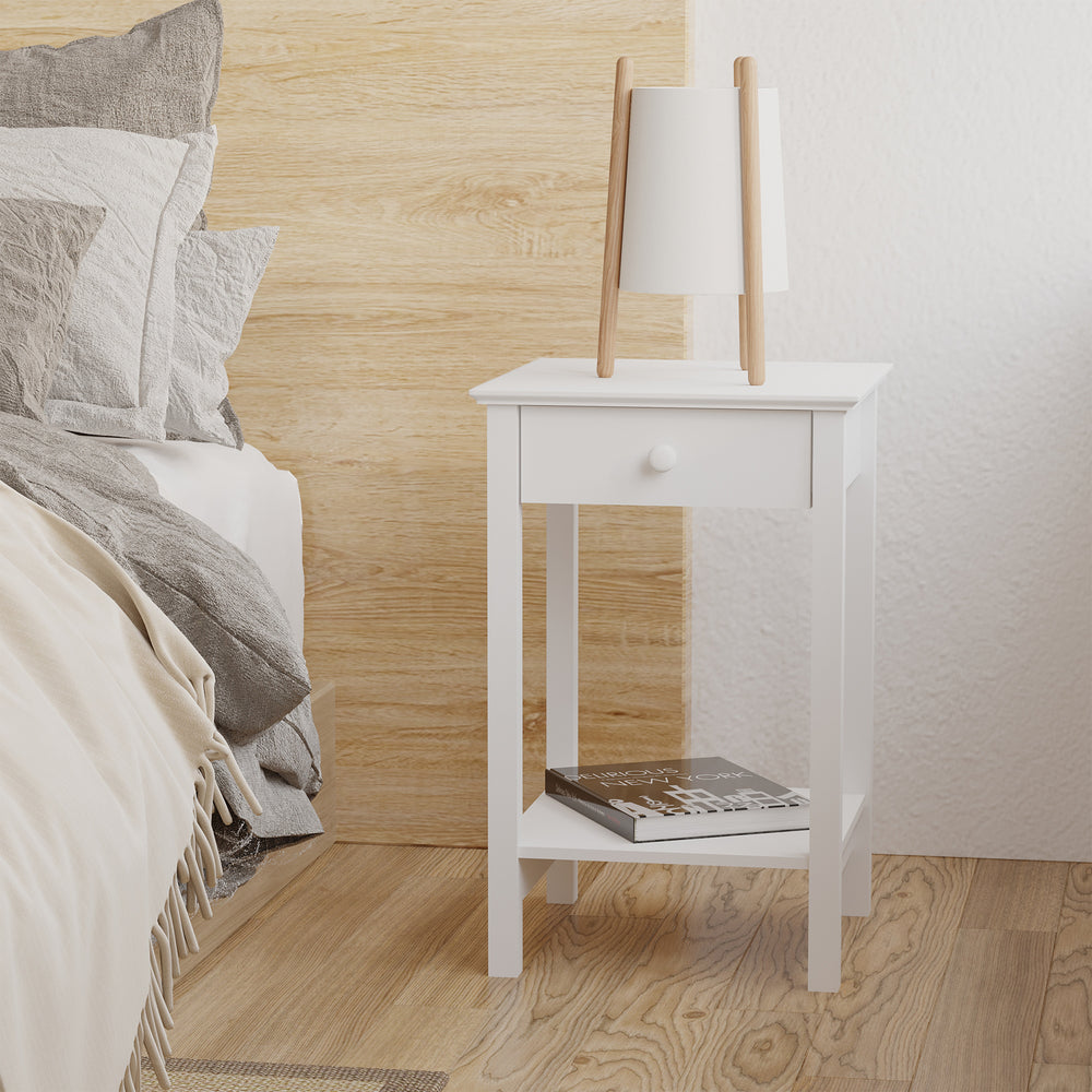 Table d'appoint multifonction avec tiroir et étagère de rangement, blanche