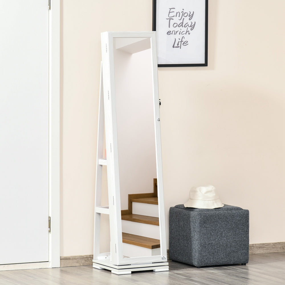 Armoire à bijoux pivotante à 360°, verrouillable, avec miroir intégré, blanc