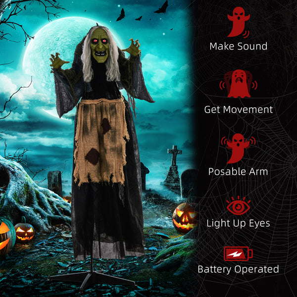 Sorcière bossue animée d’Halloween de 63 po avec yeux DEL rouges, sons et mouvements – gris et noir