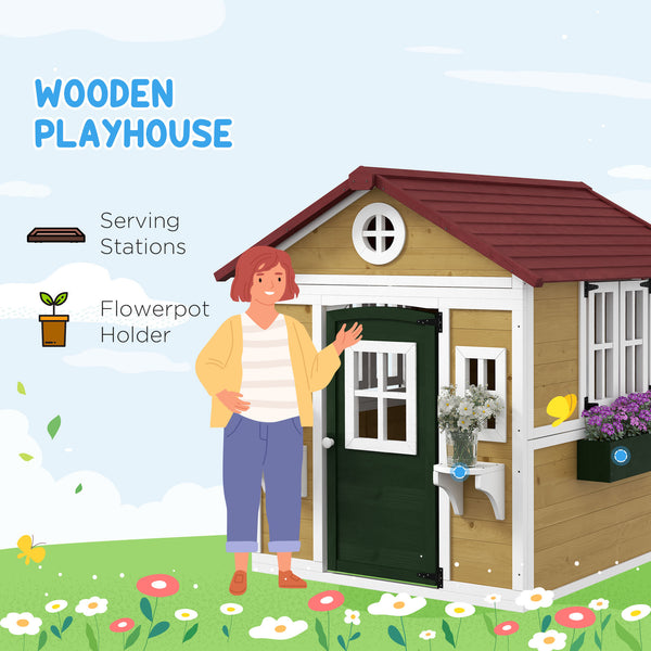 Maisonnette en bois d'extérieur avec porte, fenêtres, pots de fleurs et boîtes