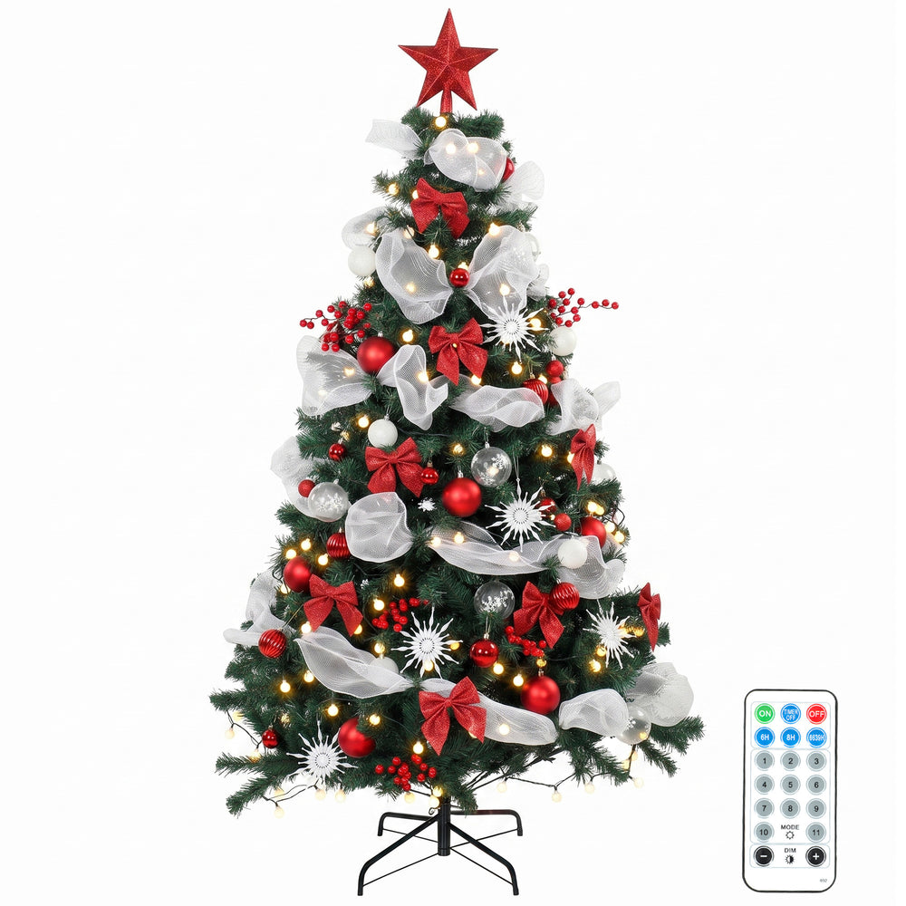 Sapin de Noël préilluminé de 6 pi avec 200 lumières DEL et décorations rouges et blanches