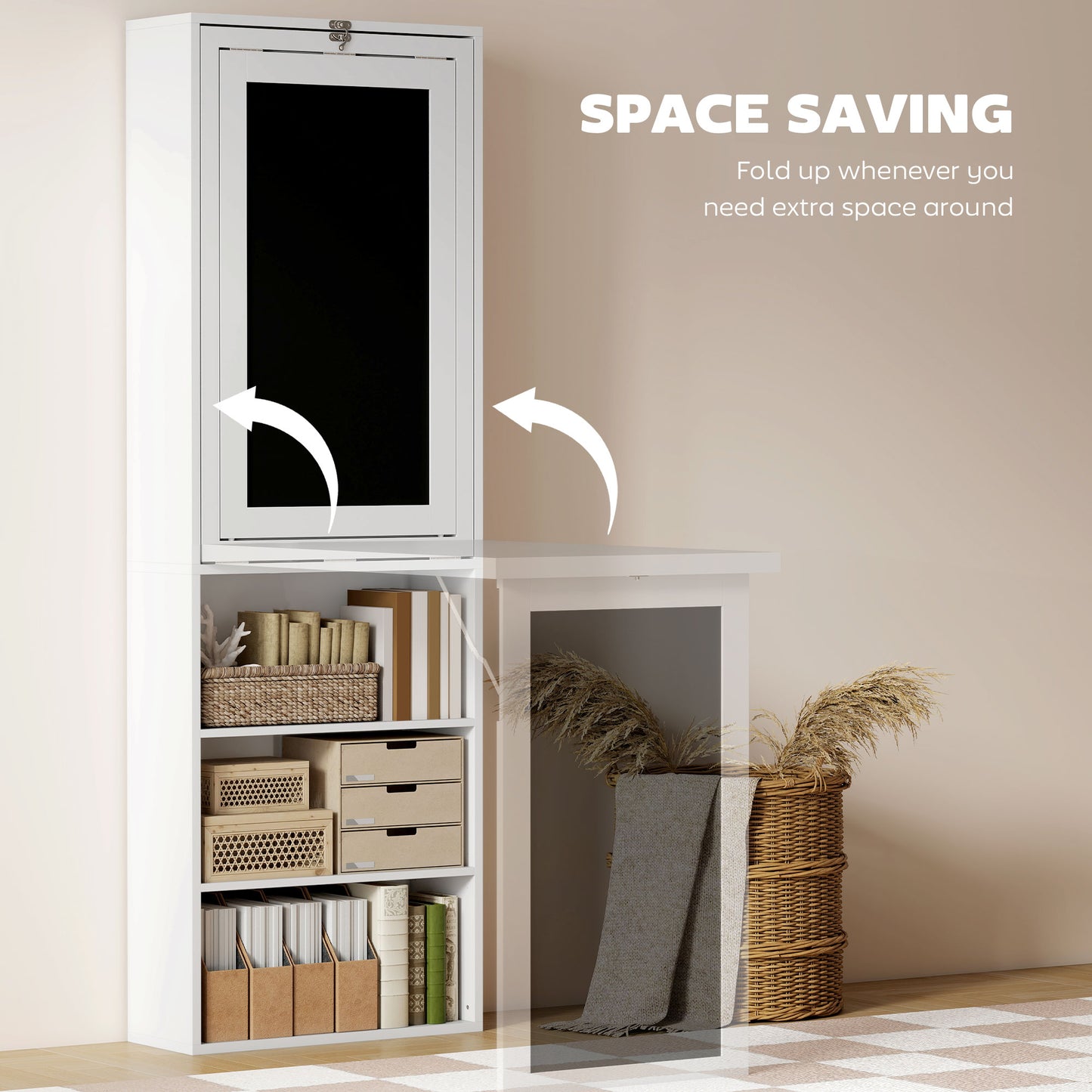 Bureau d'ordinateur mural pliable et convertible avec tableau noir et étagère latérale, blanc