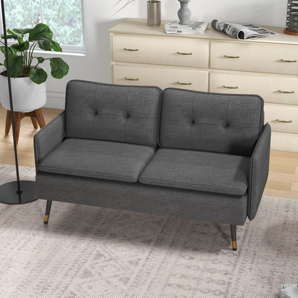 Canapé causeuse moderne en tissu avec dossier capitonné et pieds en acier, gris foncé