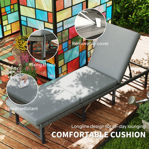 Folding Outdoor Lounge Chair, Wicker Chaise Lounge Tanning Chair with Cushion for Beach, Poolside, Garden, Grey