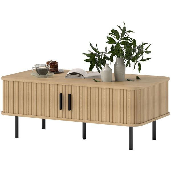 Table d'appoint nordique avec portes coulissantes à lattes et pieds en acier pour salon, couleur chêne