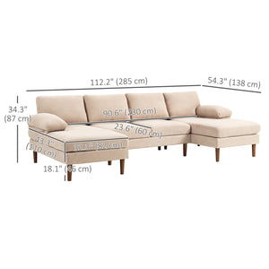 U-shaped sofa with double chaise longue, modern 4-seater sofa with wooden legs, beige