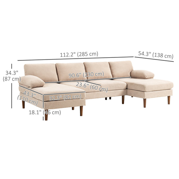 U-shaped sofa with double chaise longue, modern 4-seater sofa with wooden legs, beige