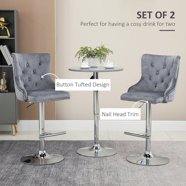 Lot de 2 tabourets de bar réglables modernes, en velours, hauteur comptoir, dossier capitonné, repose-pieds, gris