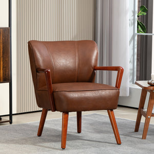 Fauteuil moderne rembourré en similicuir avec pieds en bois et large assise rembourrée, marron
