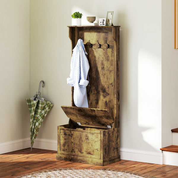 4-In-1 Hall Tree with Coat Rack, Top Shelf, Shoe Storage and Bench Seat, Entryway Bench with 4 Hooks, Rustic Brown