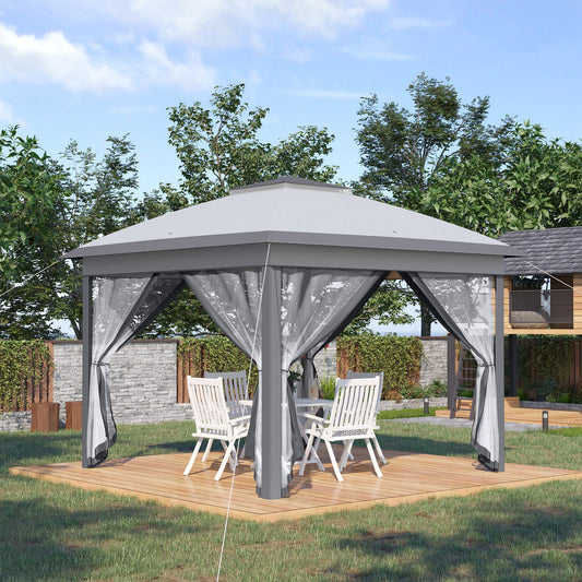 Gazebo pliant 11' x 11', tente pliable à double toit avec parois latérales en maille zippée, hauteur réglable et sac de transport, gris