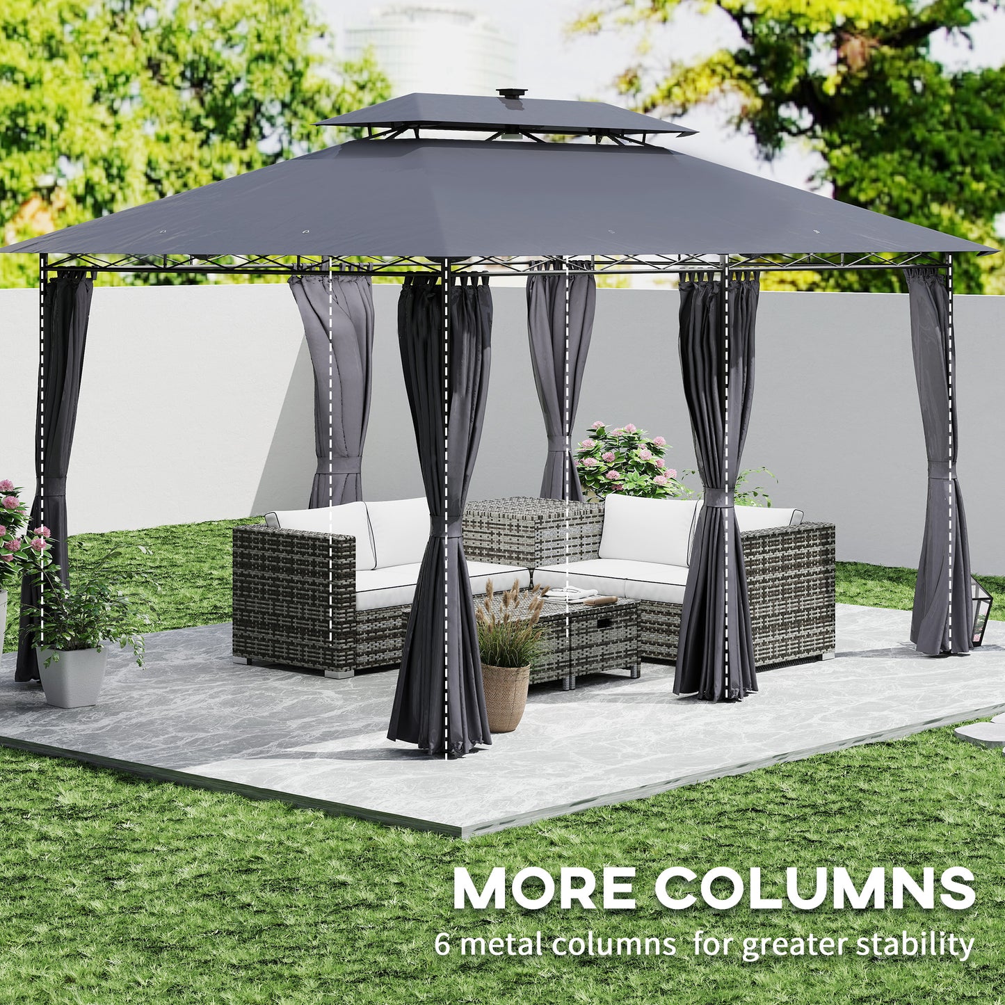 Outsunny 10' x 13' Outdoor Gazebo with Curtains and Solar Powered LED Lights, Double Roof Patio Shelter