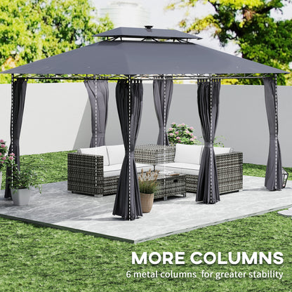 Outsunny 10' x 13' Outdoor Gazebo with Curtains and Solar Powered LED Lights, Double Roof Patio Shelter