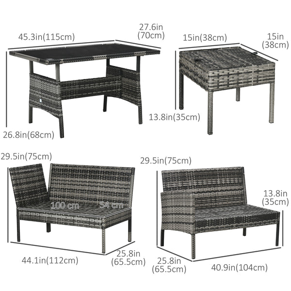 Ensemble de salle à manger 6 pièces en osier avec coussins amovibles, plateau en verre, 2 poufs et table basse, kaki