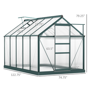 Green polycarbonate greenhouse with gutter, vents and sliding door