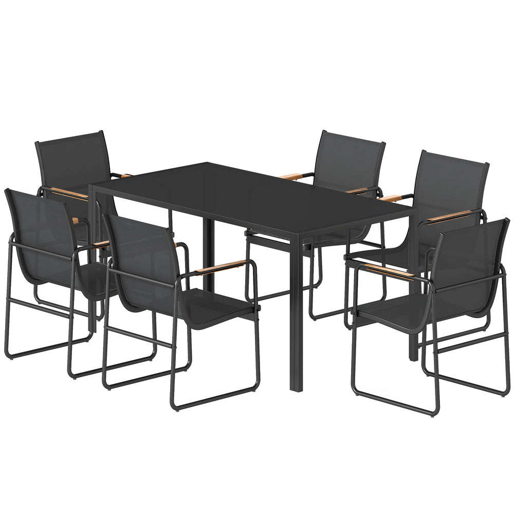 Ensemble de salle à manger d'extérieur 7 pièces pour 6 personnes, table en verre et chaises avec accoudoirs décoratifs, toile en maille résistante aux intempéries, noir