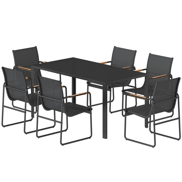 Ensemble de salle à manger d'extérieur 7 pièces pour 6 personnes, table en verre et chaises avec accoudoirs décoratifs, toile en maille résistante aux intempéries, noir