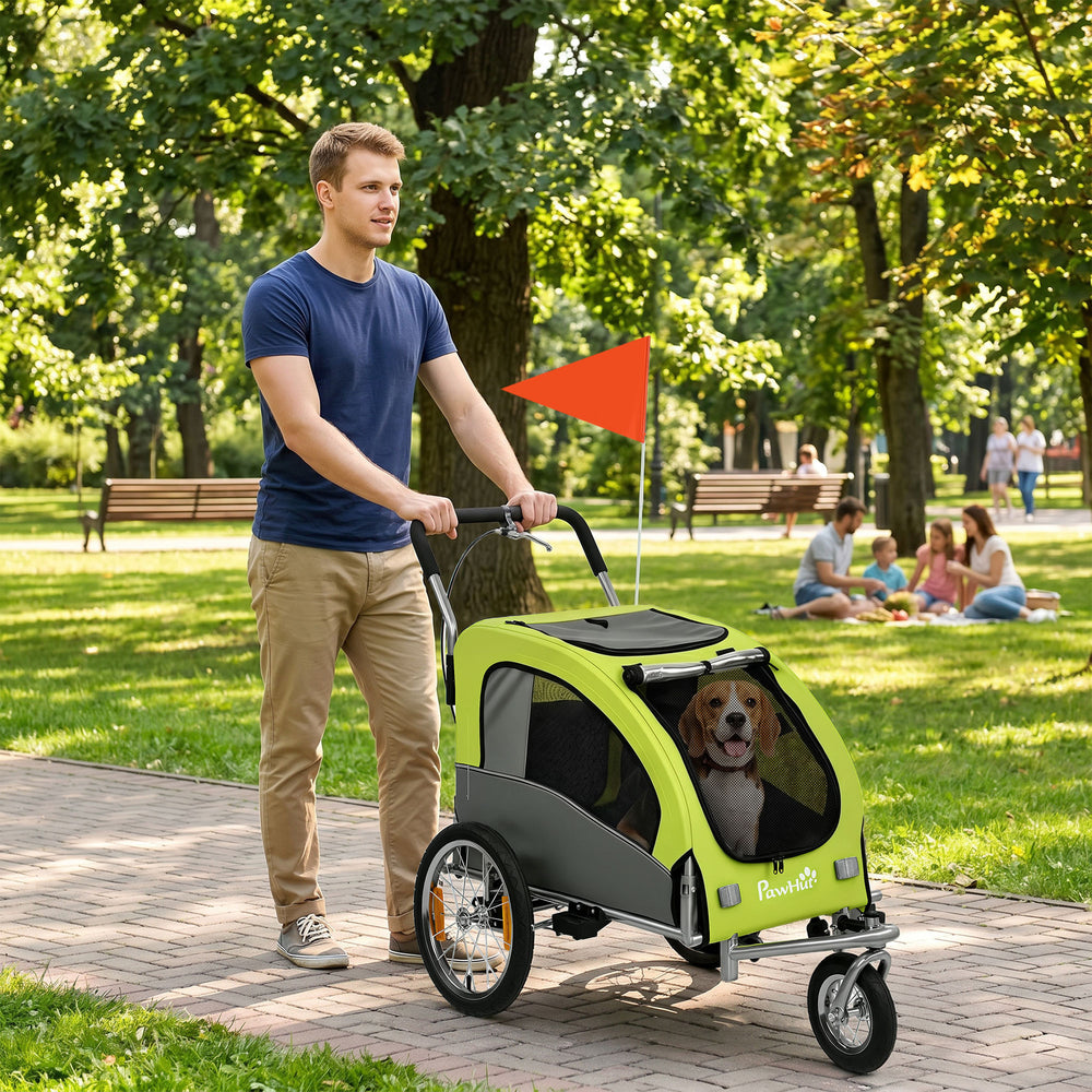 Remorque vélo pour chien 2 en 1, poussette pliable et remorque avec suspension, attelage universel pour vélo, verte