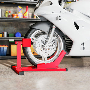 Heavy-duty steel motorcycle wheel chock, 300 kg (660 lb) capacity, for 14-21 inch wheels, red
