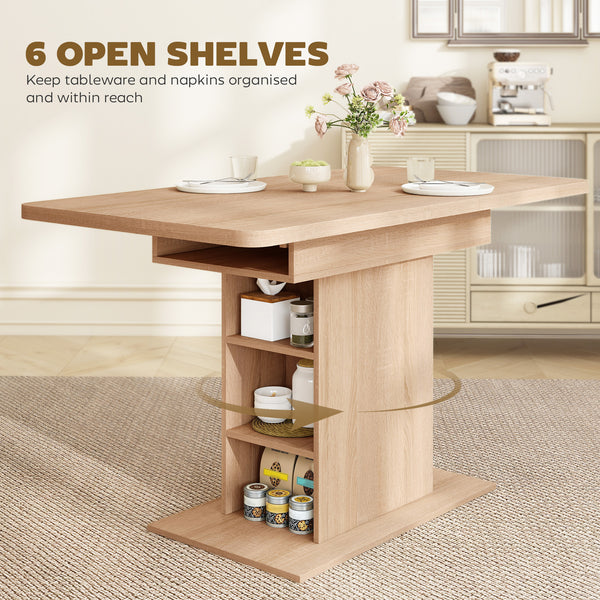 Table de salle à manger extensible pour 4 à 6 personnes avec 6 étagères ouvertes, en bois naturel.