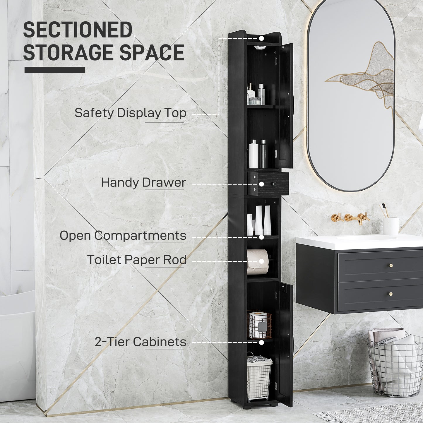 Narrow bathroom vanity with barn doors, drawer and adjustable shelves, black wood look