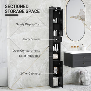Meuble de salle de bain étroit avec portes de grange, tiroir et étagères réglables, aspect bois noir
