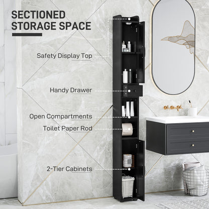 Narrow bathroom vanity with barn doors, drawer and adjustable shelves, black wood look