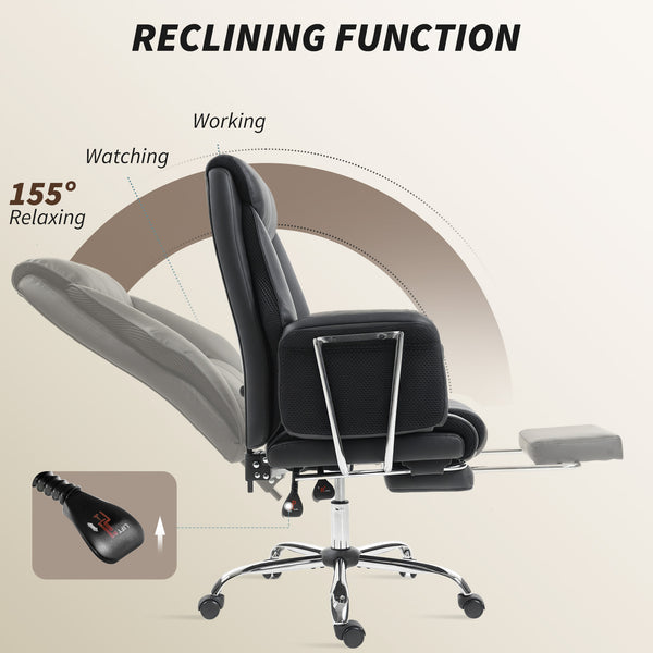 Upholstered reclining office chair with high backrest, faux leather upholstery, footrest, swivel casters, black