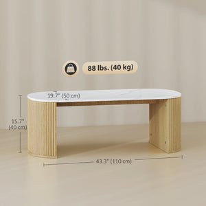 Table de salon moderne effet marbre avec coins arrondis et pieds épais, bois naturel