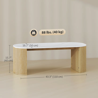 Table de salon moderne effet marbre avec coins arrondis et pieds épais, bois naturel
