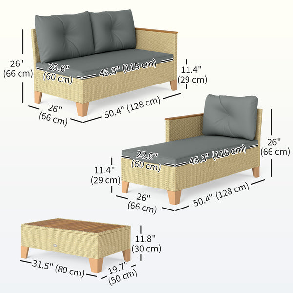 Ensemble de meubles de jardin 3 pièces en L avec table basse et plateau en bois, gris clair