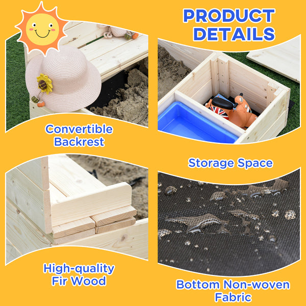 Bac à sable en bois pour enfants avec banquette pliable, 2 bacs en plastique et revêtement de fond.