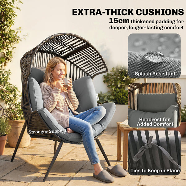 Fauteuil œuf en osier en rotin avec coussin épais et appui-tête, structure en acier, coussins réglables, gris