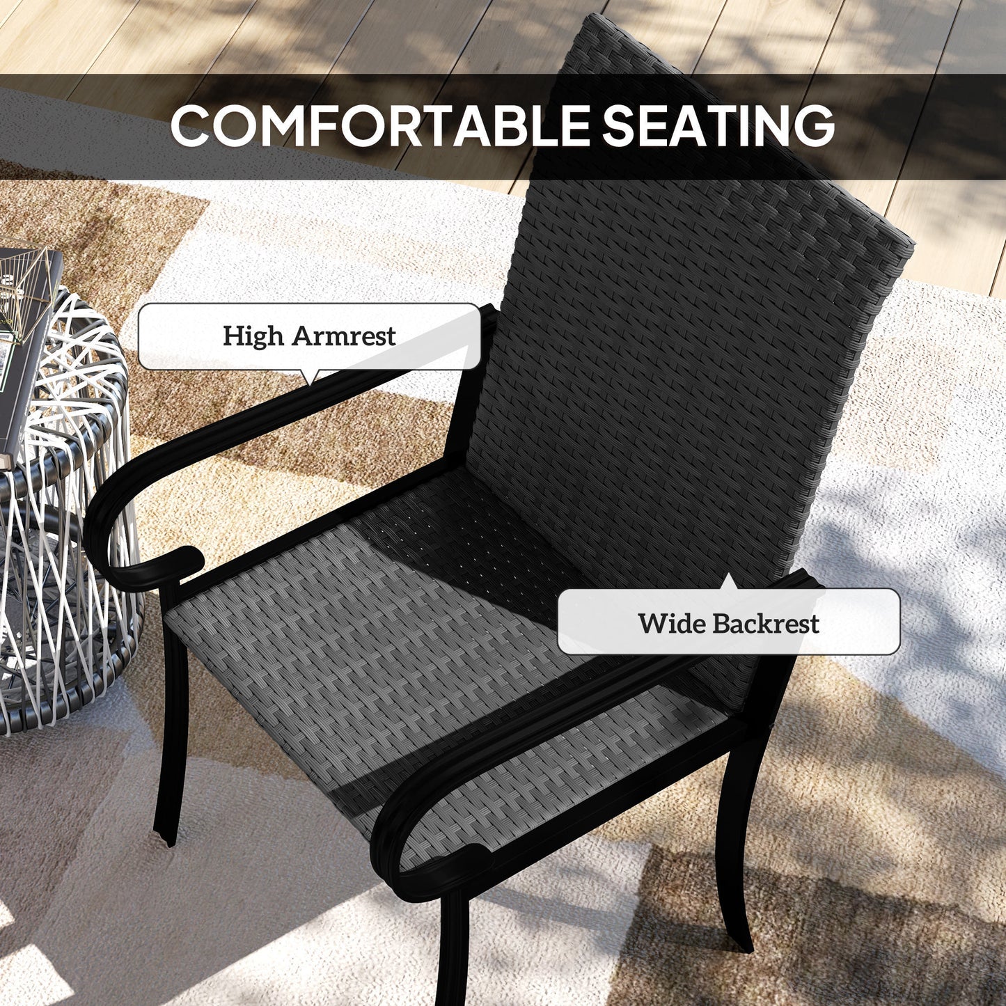 Chaises de salle à manger Outsunny en rotin synthétique, 4 pièces, avec cadre en acier, pour jardin, arrière-cour, bord de piscine, porche, noir