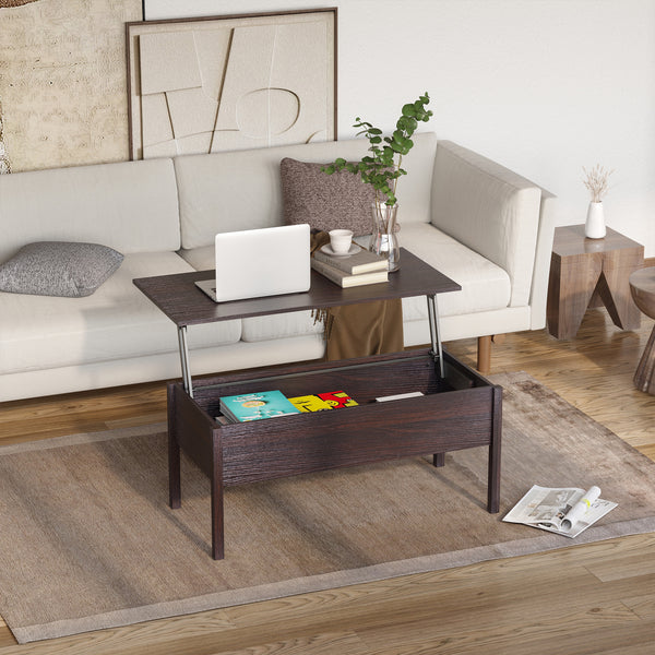 Table basse moderne avec plateau relevable et compartiment de rangement dissimulé, marron