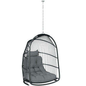 Hanging Egg Chair, Foldable Rattan Garden Swing Chair with Installation Kit, Thickened Cushion and Headrest, Dark Grey