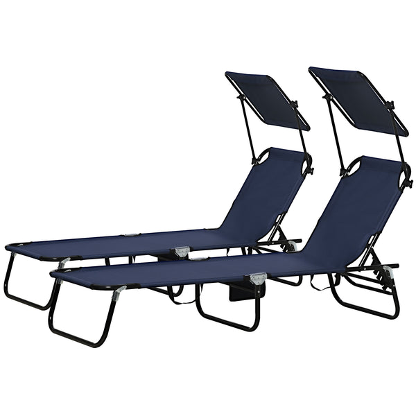 2 Piece Folding Outdoor Chaise Lounges, Pool, Sun, Tanning Chairs with Reclining Back, Sunshade for Beach, Patio, Blue