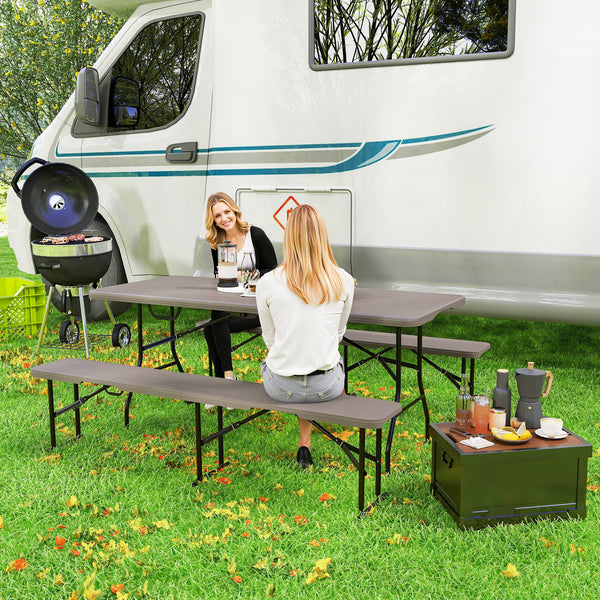 Ensemble table et bancs de camping pliants avec poignées de transport, marron