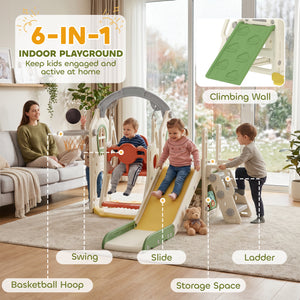 Qaba 6-in-1 Toddler Slide and Swing Set with Adjustable Swing Seat, Ladder, Climbing Wall, Basketball Hoop for Indoor Outdoor