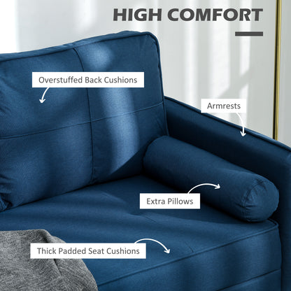 2 seater upholstered sofa with back cushions and pillows, blue