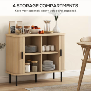 Buffet nordique avec portes tambour à lattes et pieds en métal, chêne