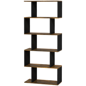 Geometric S-shaped bookcase, tall and narrow shelf for living room or office, rustic brown